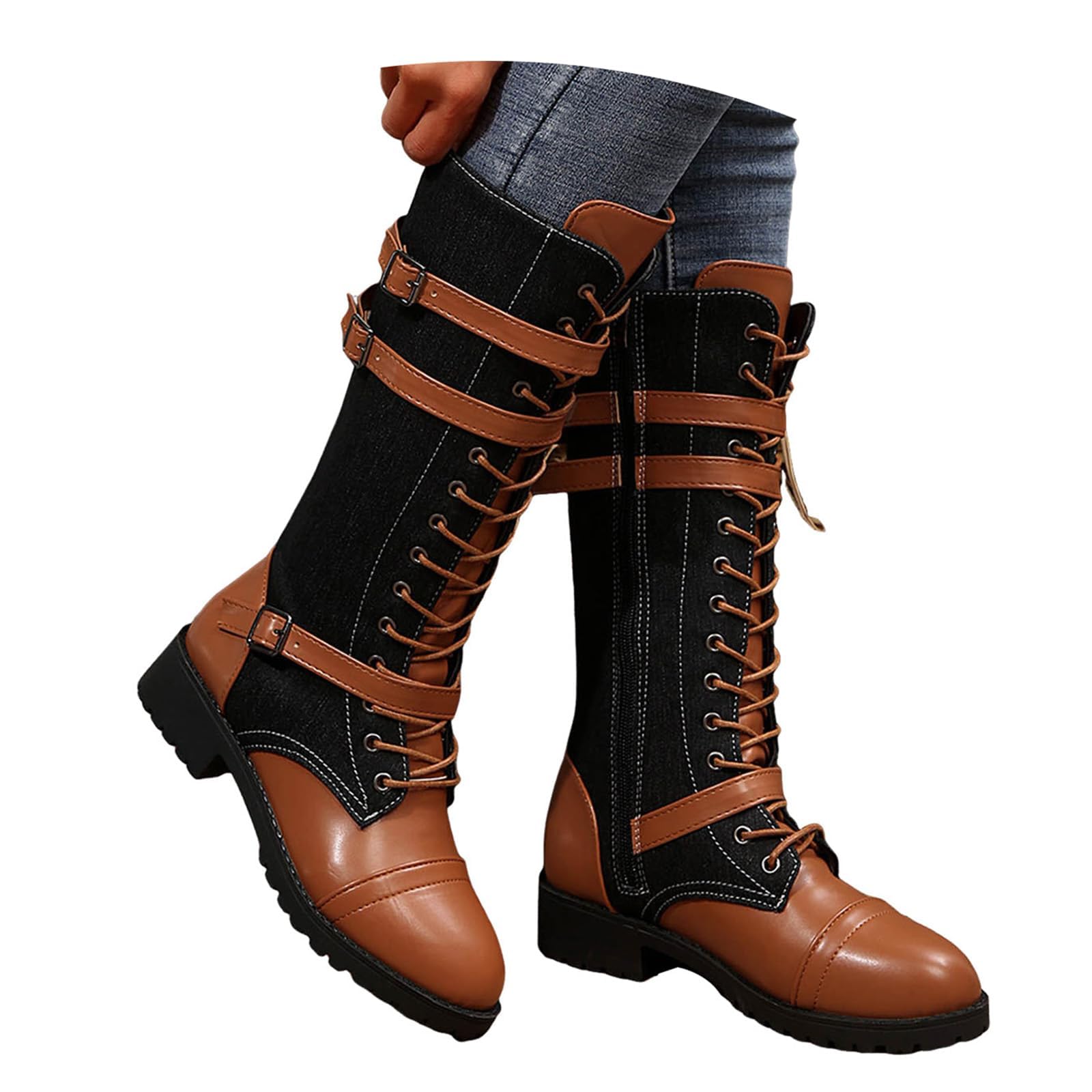 Knee High Boots for Women Lace Up Combat Low Heel Boot Round Toe Chunky Heels Shoes Leather Fall