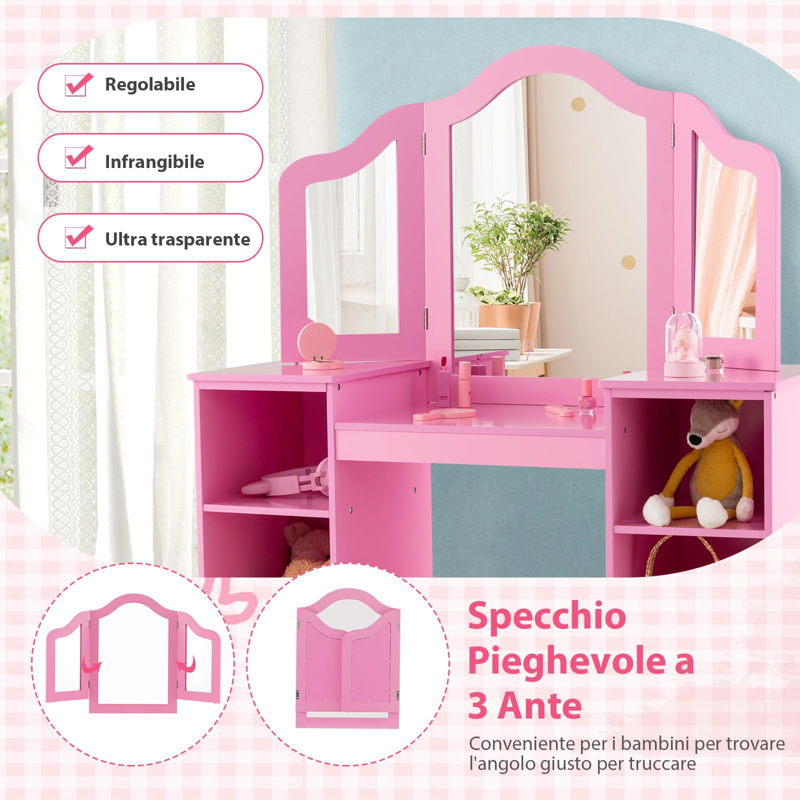 COSTWAY Set Toeletta per Bambini 2 in 1, Set Postazione Trucco in Legno con Sedia, Specchio a 3 Ante Rimovibile e 4 Scomparti, per Bambini 3+ Anni (Rosa)
