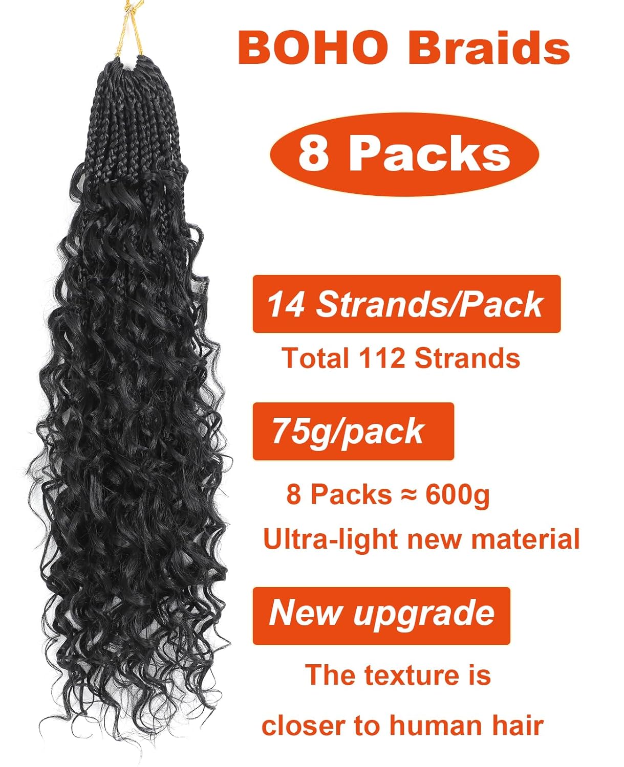 Boho Crochet Briads - 24 Inch 8 Packs Pre Looped Goddess Box Braids with Curly Ends Bohemian Crochet Hair Extension (24inch,1B#)