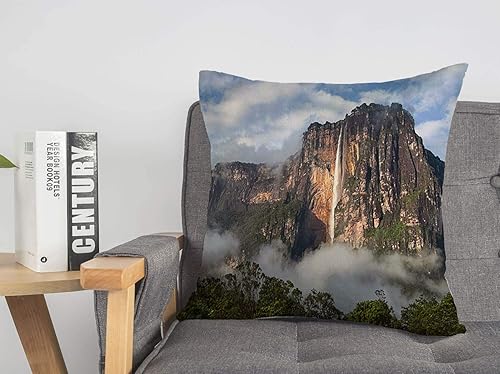 Funda de almohada decorativa cuadrada de lino con primer plano de Venezuela Highest Venezuela Wonderland Waterfall High Landscape On Earth Angel