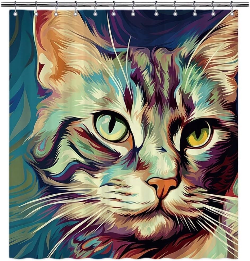 Funny American Wirehair Siamese Cat Shower Curtain for Bathroom Decor Lovely Cat Pet Animal Print Bath Curtains Colorful Home Decoration with Hooks 66x72 Inch Style 2