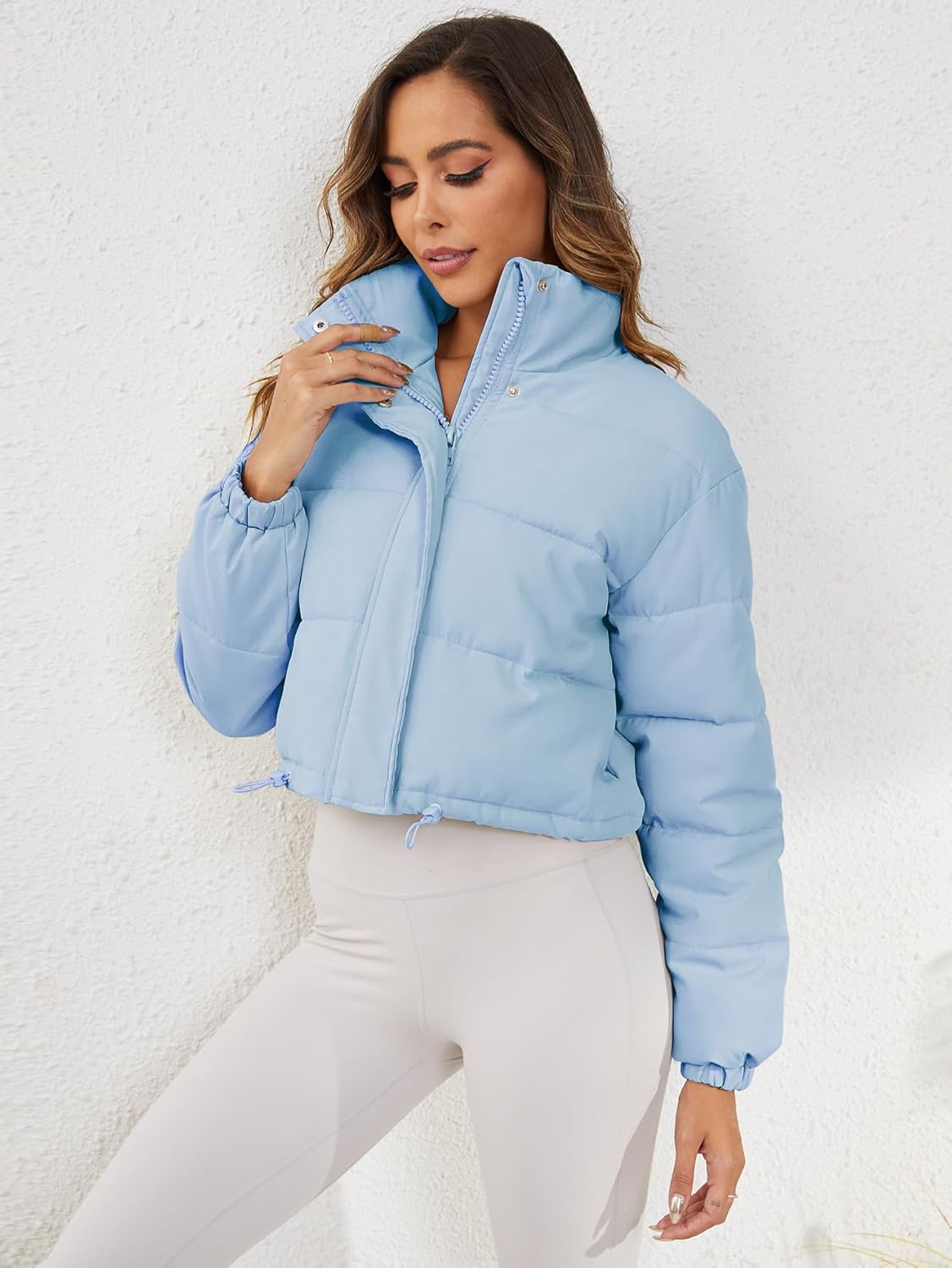 Women's Cropped Puffer Jacket Long Sleeve Puffy Coat Stand Collar Zip UP Quilted Padded Drawstring Outwear with Pockets - Image 2