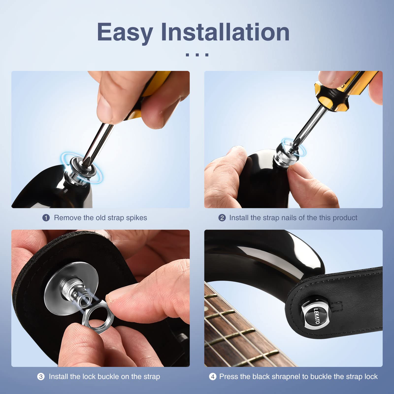 LEKATO Verrou de sangle de guitare pour basse et boutons de sécurité à libération rapide pour guitare électrique, acoustique, basse, ukulélé (argent)