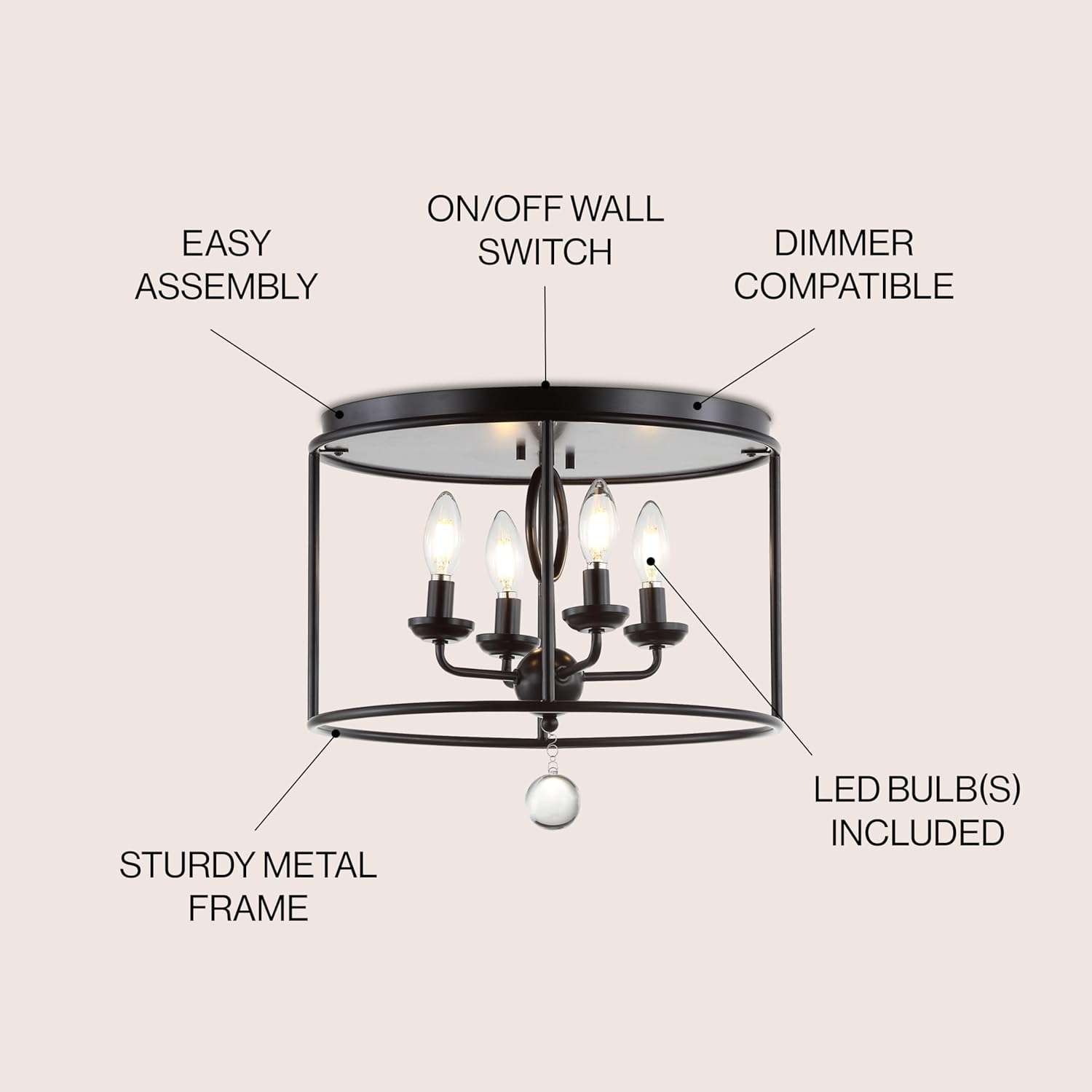 JONATHAN Y 16" Oil Rubbed Bronze 4-Light Metal Flush Mount, Traditional Industrial Ceiling Light with Hanging Crystal Orb, Dimmable, ETL Listed, LED Bulbs Included JYL9500A