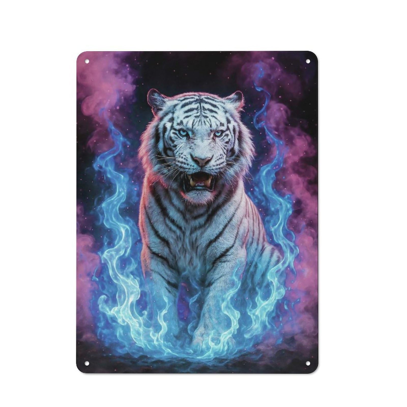 Junmoney Style-3 White Tiger In Flames Rustic Metal Sign 40X30cm For Garden Room Or Summerhouse, For Themed Interiors In Garden Rooms And Summerhouses