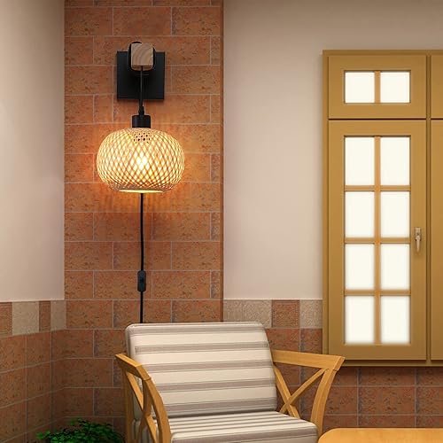 Miniatura 3 de Apliques de pared enchufables de granja para dormitorio, sala de estar, linterna de ratán de bambú, lámpara colgante de montaje en pared, lámpara