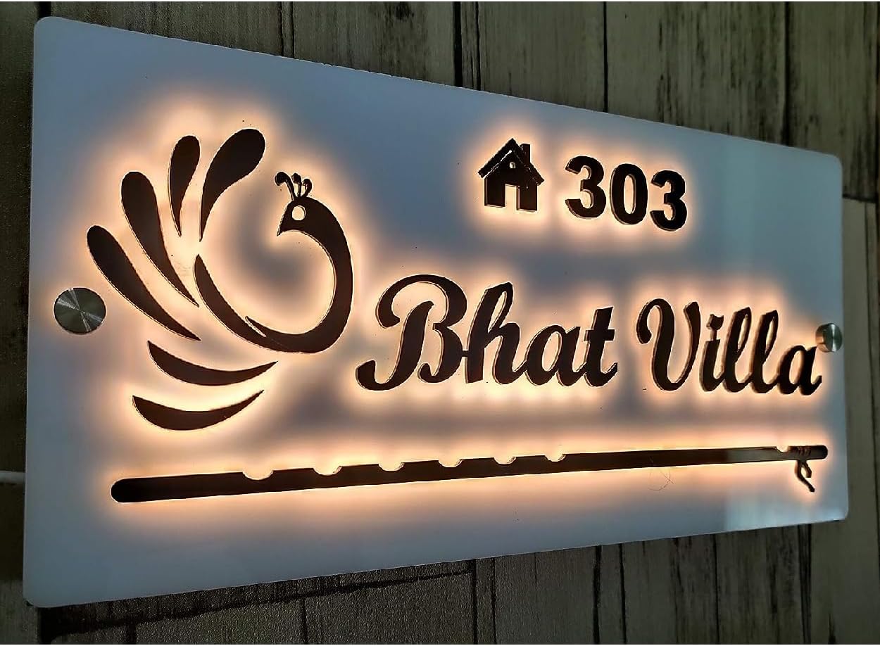 SIGNOOGLE® Customised Peacock Design LED Name Board Plate For Home Entrance Office Shop (L x H 12 x 6 Inch)
