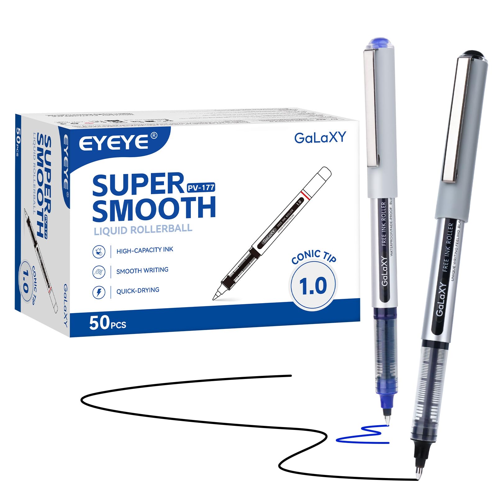 EYEYE Bolígrafos de punta redonda de 0.039 pulgadas, paquete de 50 (30 negros, 20 azules) de secado rápido, bolígrafos de tinta líquida, punta gruesa y suave para diario, tomar notas, oficina