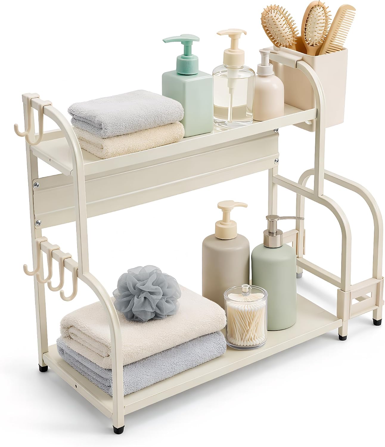 2 Tier Bathroom Counter Organizer, Narrow Space Saving Metal Shelf with Hooks and Side Basket, Multifunctional Vanity Tray Rack for Makeup, Skincare, Spice and Kitchen Storage, White