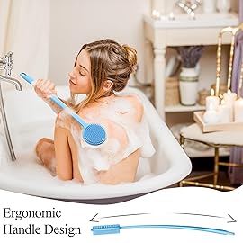 Silicone Back Scrubber for Shower, 17in Lengthen Long Handle Body Brush, Double Sided Shower Brush for Shower Exfoliating and Massage Can Produce Rich Foam, Long Handle Back Scrubber for Men