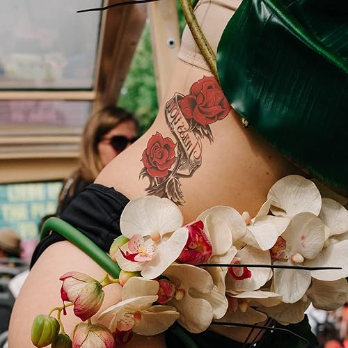 Miniatura 3 de Oottati 8 hojas de tatuajes temporales de flores de brazo - loto rosa roja para hombres y mujeres
