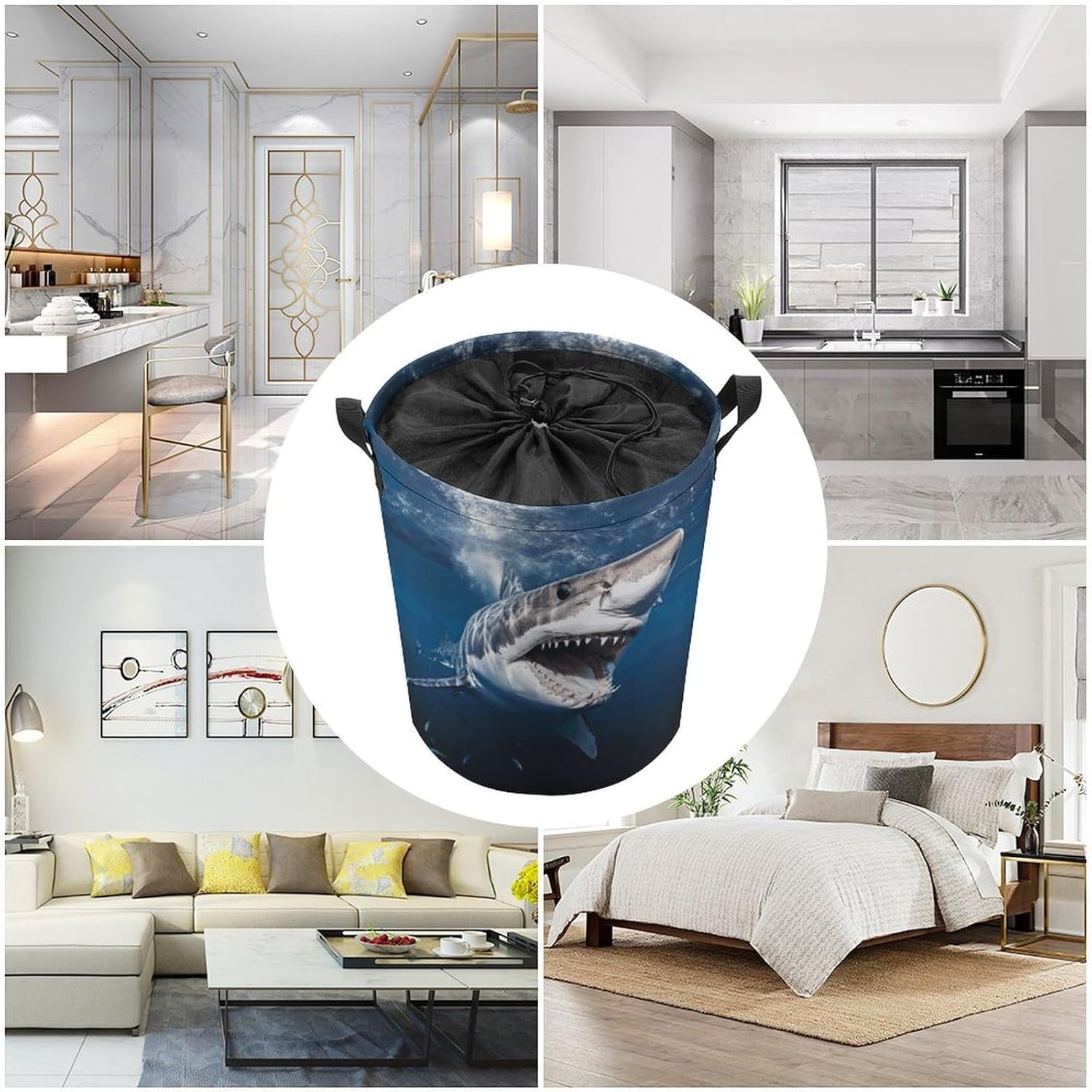 Great White Shark Opens Mouth Laundry Basket Collapsible Clothes Hamper with Reinforced Handles Large Capacity Waterproof Laundry Bag Freestanding Laundry Hamper for Bedroom Bathroom