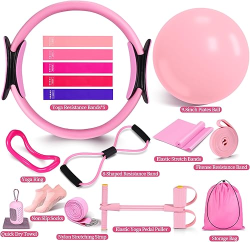 Miniatura 2 de Kit esencial de pilates para mujer, equipo de pilates para entrenamiento en casa con anillo de bola circular de yoga, 5 bandas de resistencia, banda