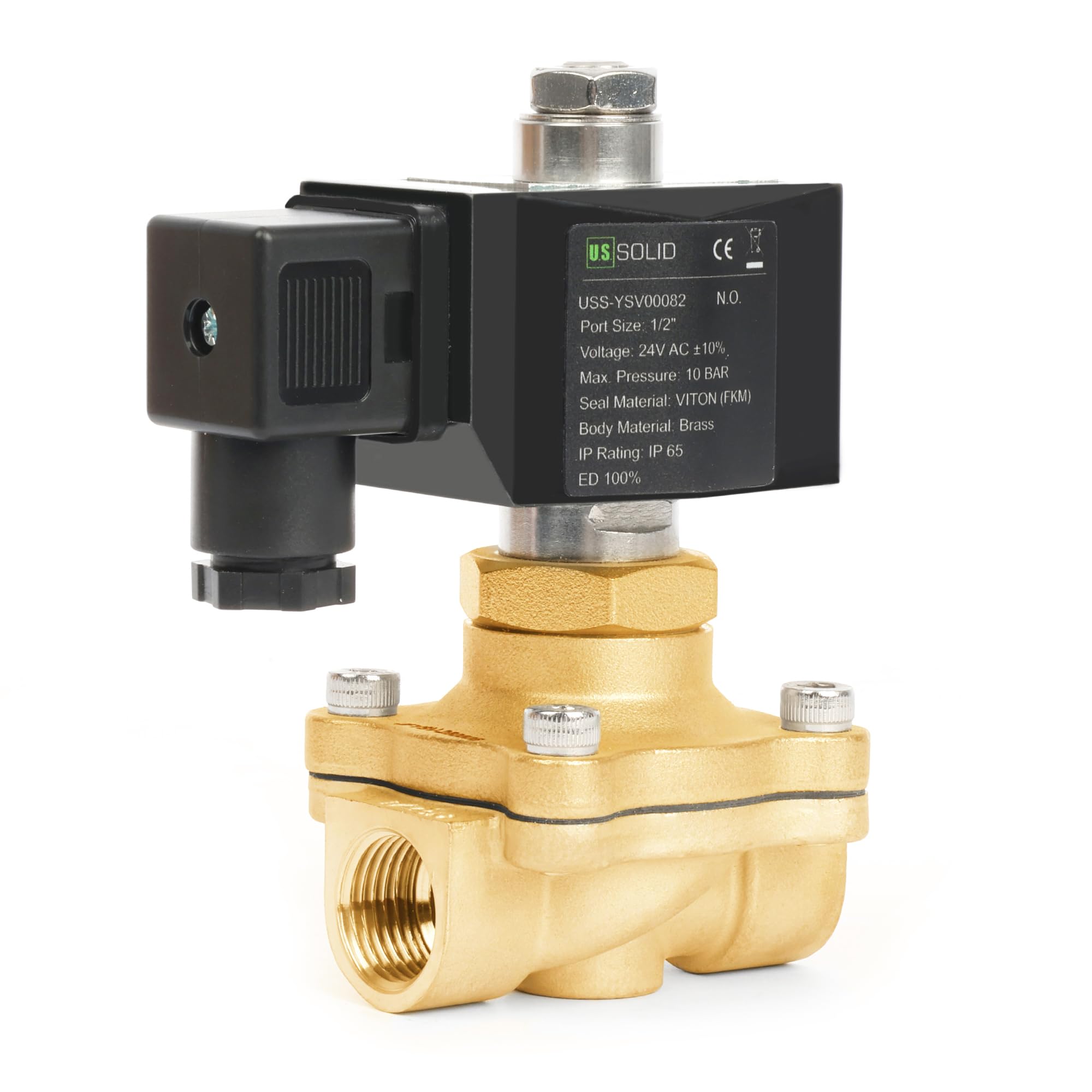 U.S. Solid Elettrovalvola in ottone G 1/2" 24V AC – 10 bar, normalmente aperta, per acqua, aria, diesel, cherosene, benzina