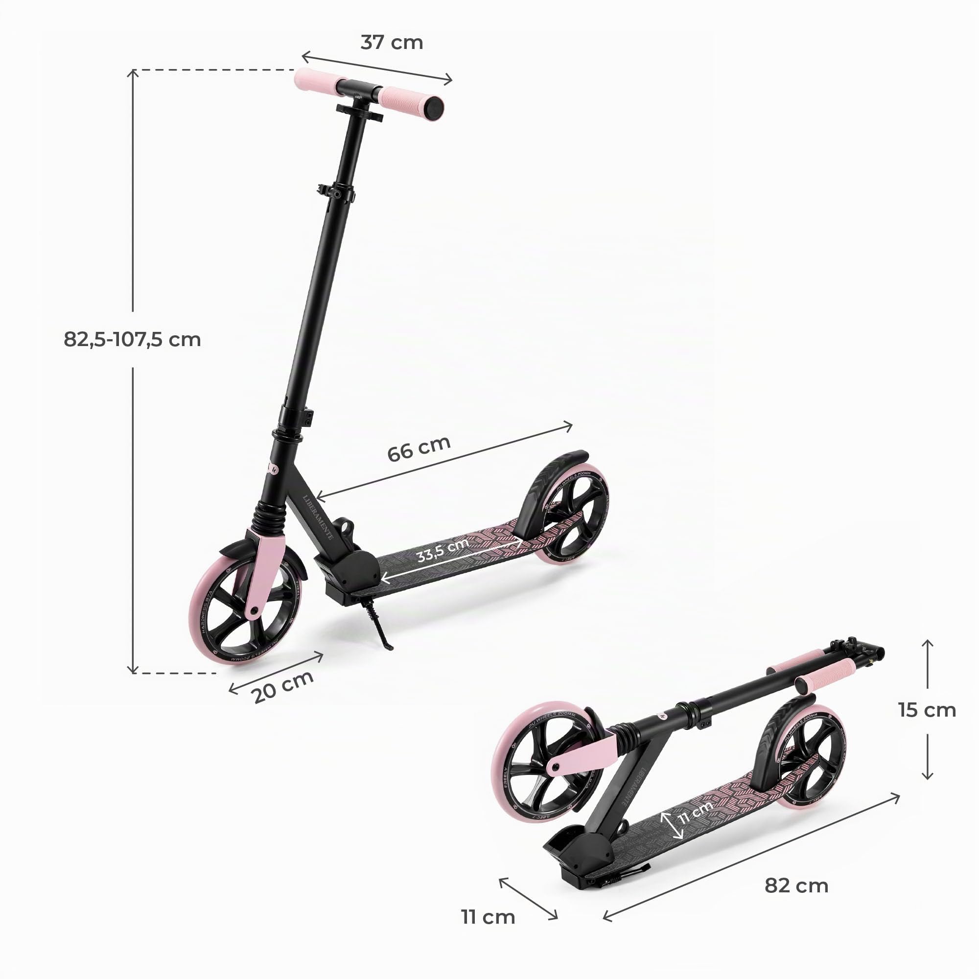 Kinderkraft FREELY up to 100 kg, Scooter, Foldable Scooter, for Children from 5 years and Adults, large 20 cm PU Wheels, Adjustable Handlebar height from 82 cm to 105 cm