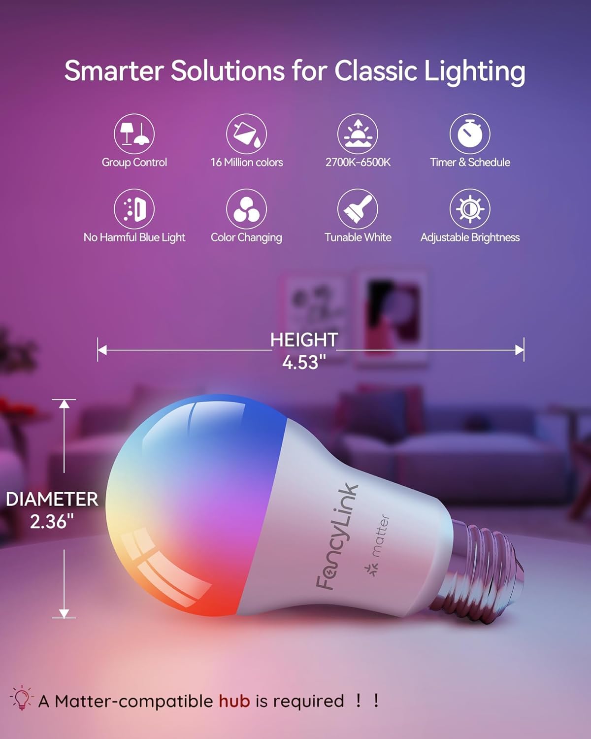 Matter Smart Light Bulbs, Color Changing Light Bulb, hub Required, A19 60W,2.4Ghz WiFi only,Compatible with Alexa Google Assistant, Apple Home,16 Million Colors RGBCW 800 Lumen,1 Pack