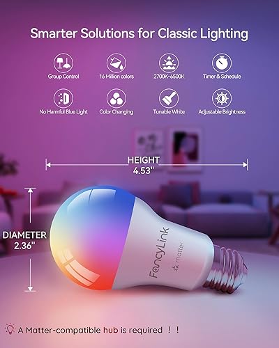 Miniatura 3 de Matter - Bombillas inteligentes, bombilla que cambia de color, requiere concentrador, A19 60W, WiFi de 2.4 GHz, compatible con Alexa Google