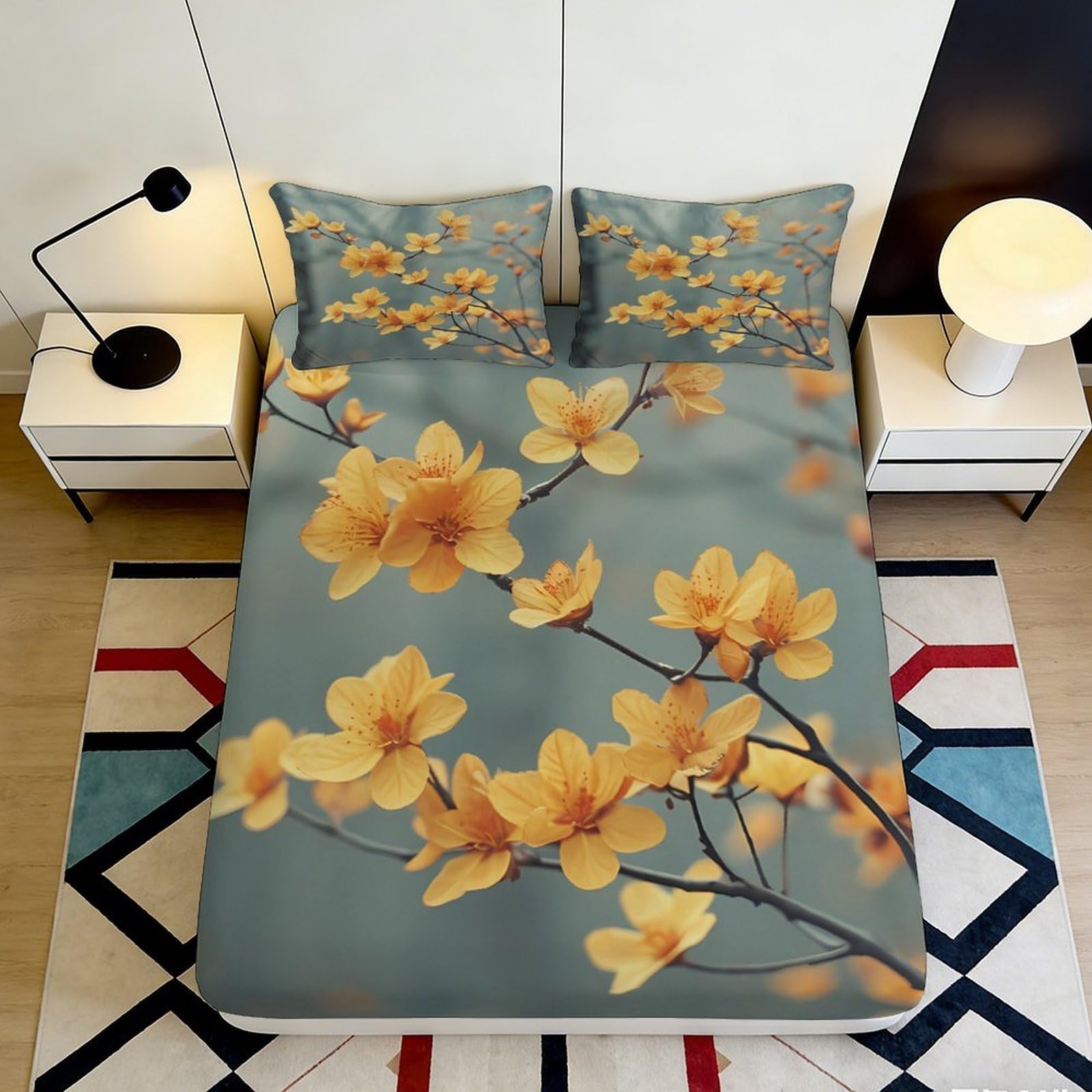 3D Printed Yellow Floral Fitted Sheet Microfiber Soft Breathable Branch Blossom Bed Cover for Bedroom Dormitory Guest Room Mattress Protection 90x200x25cm