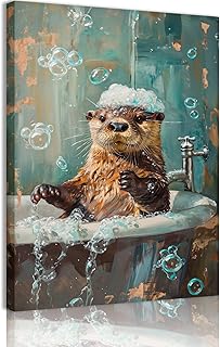 Bathroom Otter Canvas Wall Art Cute Bathtub Bubble Bath Otter Picture Wall Decor Funny Vintage Whimsical Animal Lover Poster Print Artwork for Bedroom Living Room Bathroom 12x16 In Canvas