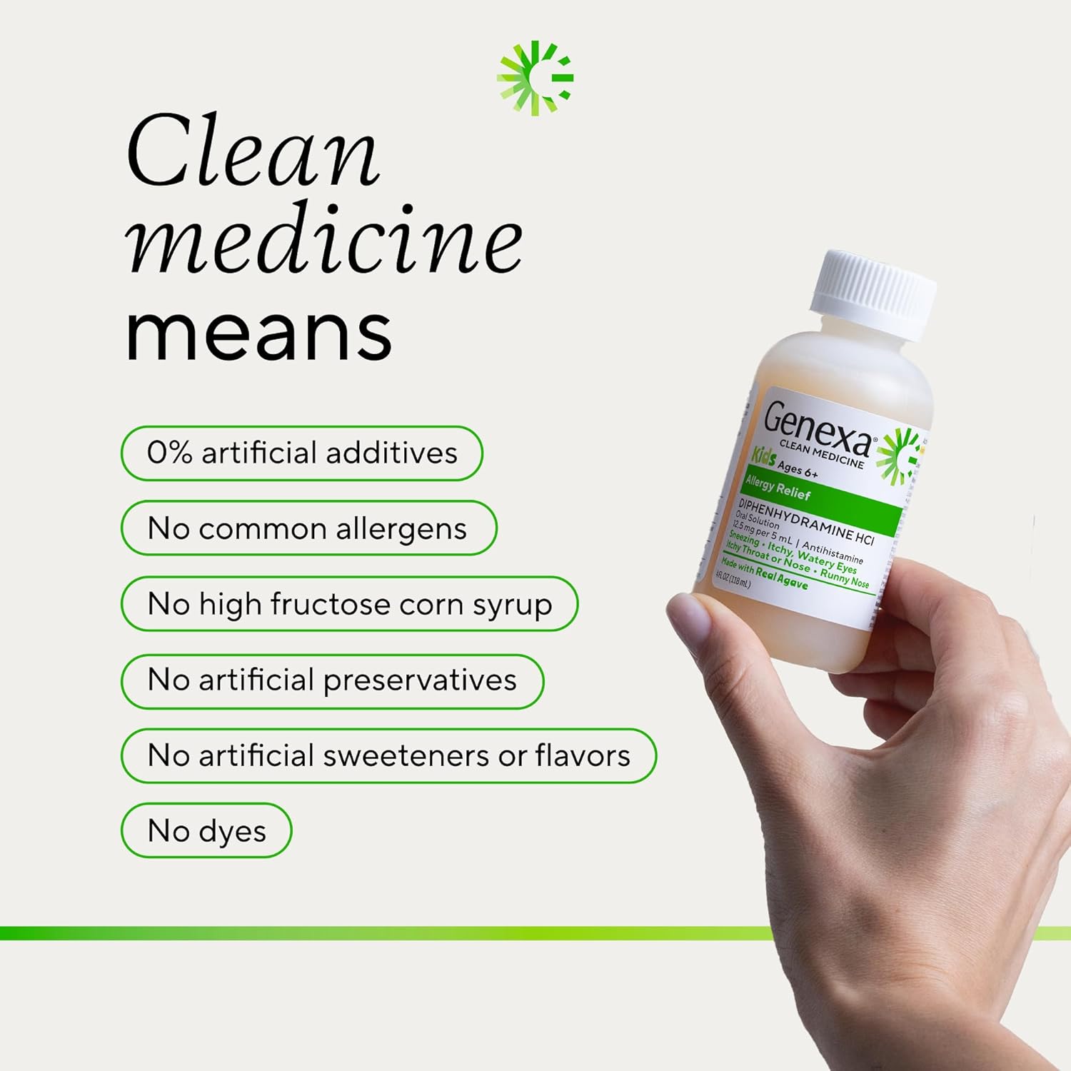 Genexa Kids Allergy Medicine | Clean Allergy Relief for Children | Diphenhydramine 4 fl oz | Treats Runny Nose, Sneezing & Itching | Vegan & Non-GMO | Organic Agave Syrup Flavor | Ages 6+