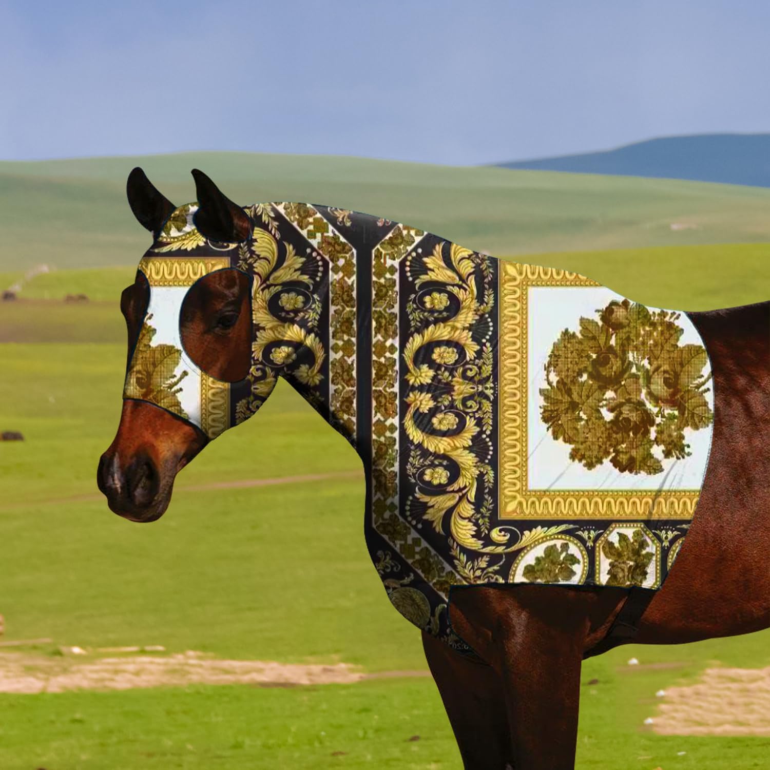 Horse Stretch Hood|Horse Slicker Hood with Zipper|Without Ears Snug、Extra Large Eye Holes|Covers Face, Shoulders, Mane, Chest and Withers Perfect for Show-M(Black Gold)