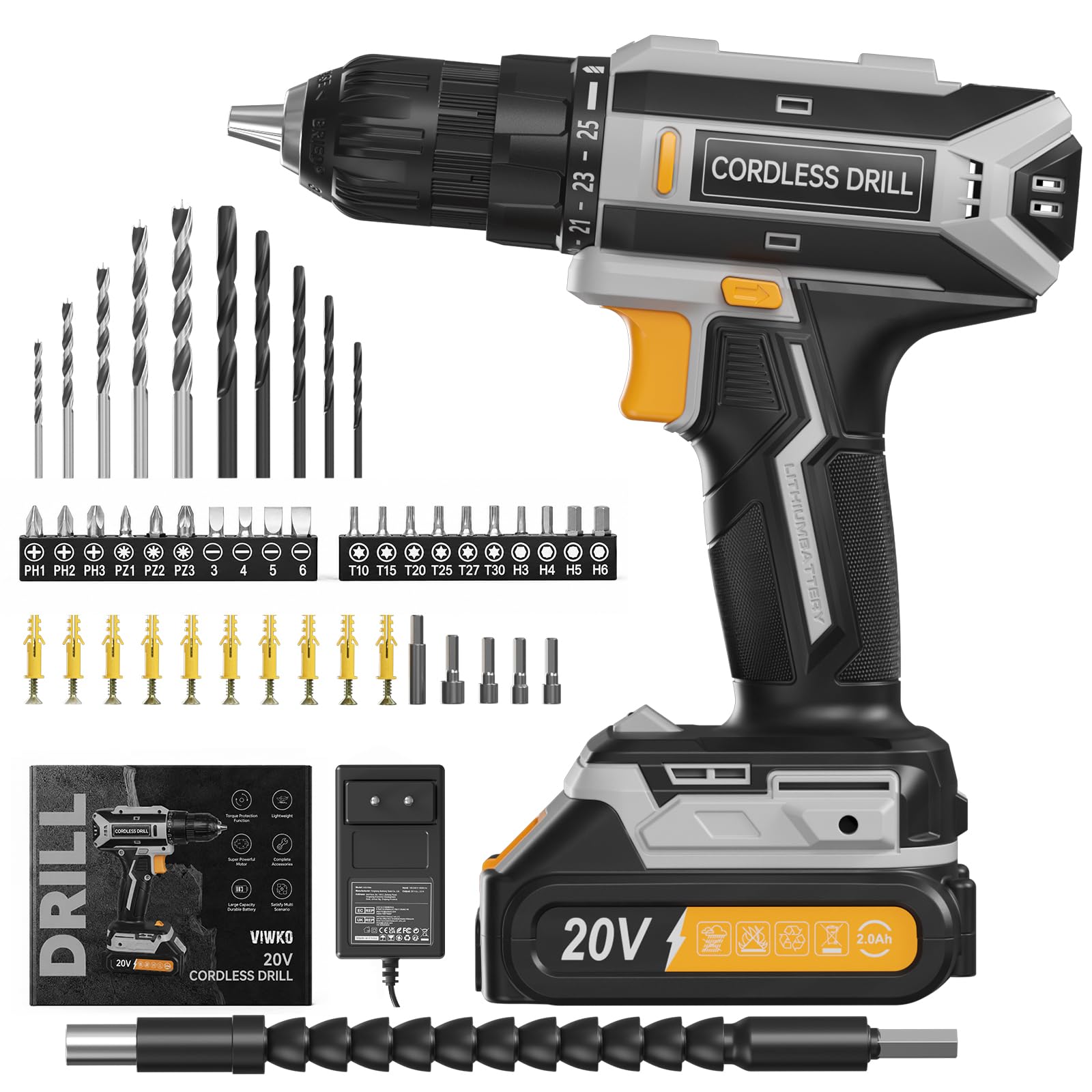 Cordless Drill Driver 20 V, 42 Nm Battery with 25+1 Torque Settings, LED Light, 56 Piece Kit, Electric Screwdriver for DIY at Home and Garden, Grey