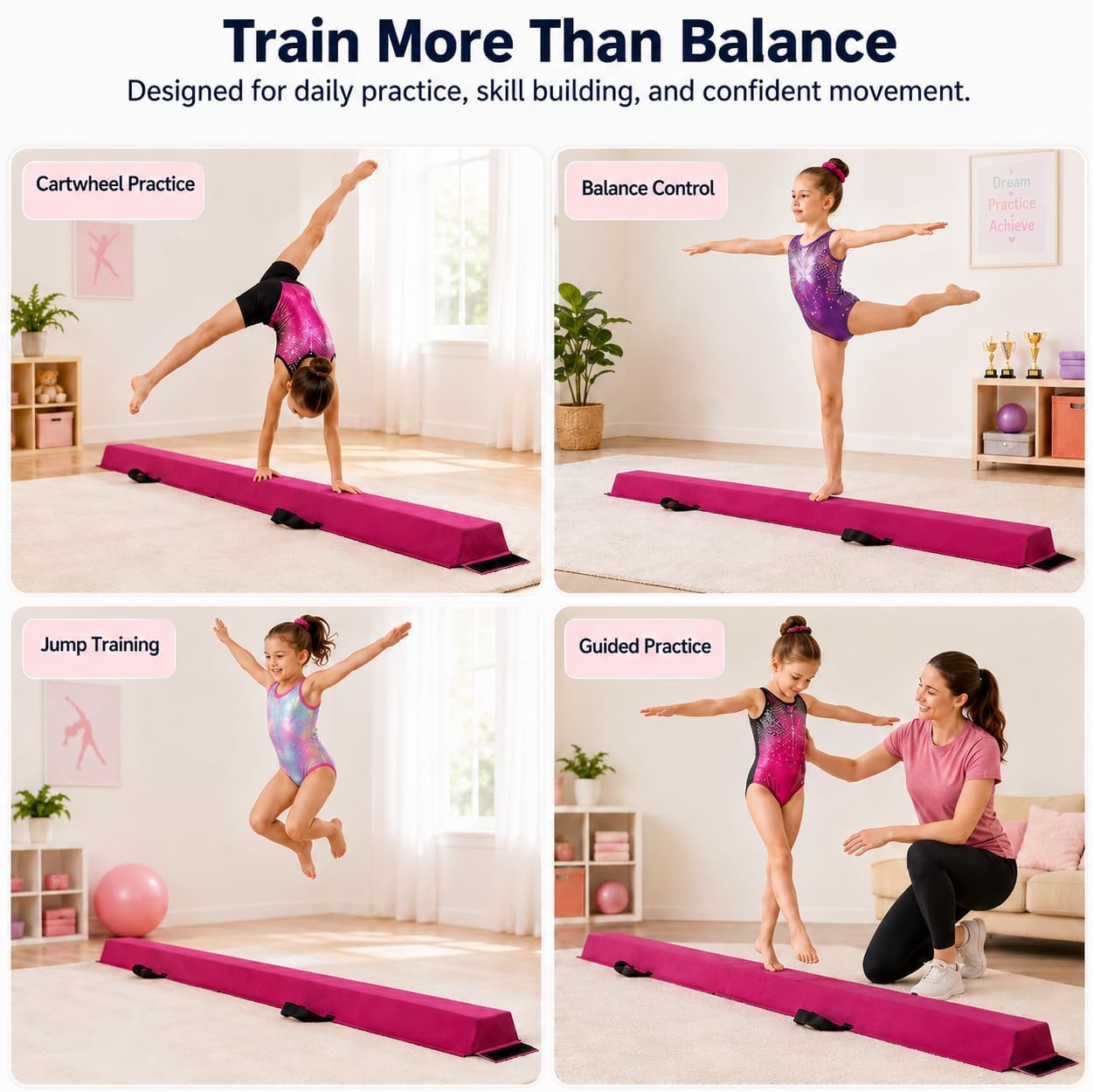 Gymnastics Balance Beam 6FT Pink Soft Suede Floor Beams For Kids | cheerleading training mat, non slip fabric padding, toddler safe tumbling baseboard for girls gift, home playroom gear