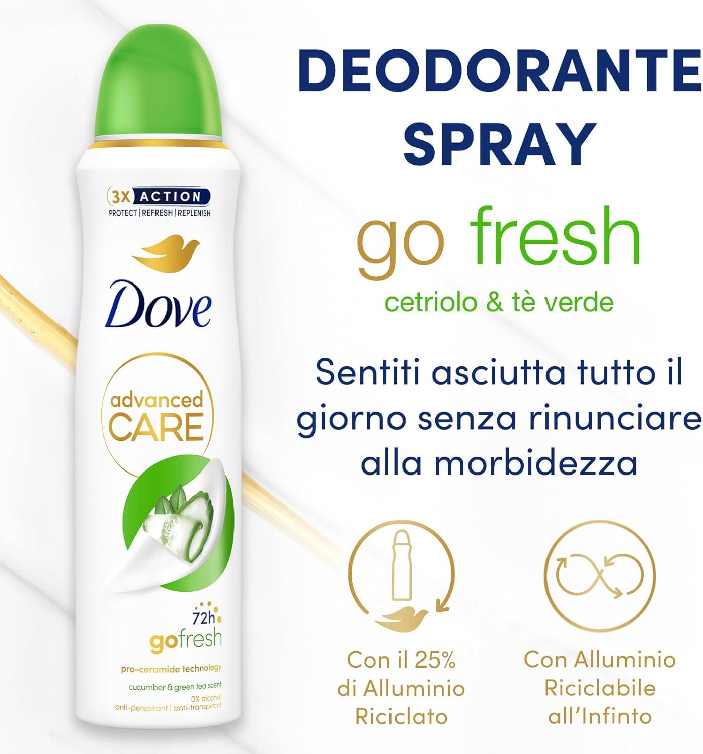 Dove Advanced Care Go Fresh Gurken-Deo-Spray, feuchtigkeitsspendende und zarte Formel, trockene Haut bis zu 72 Stunden, Deodorant für Damen und Herren, 6 Stück à 200 ml