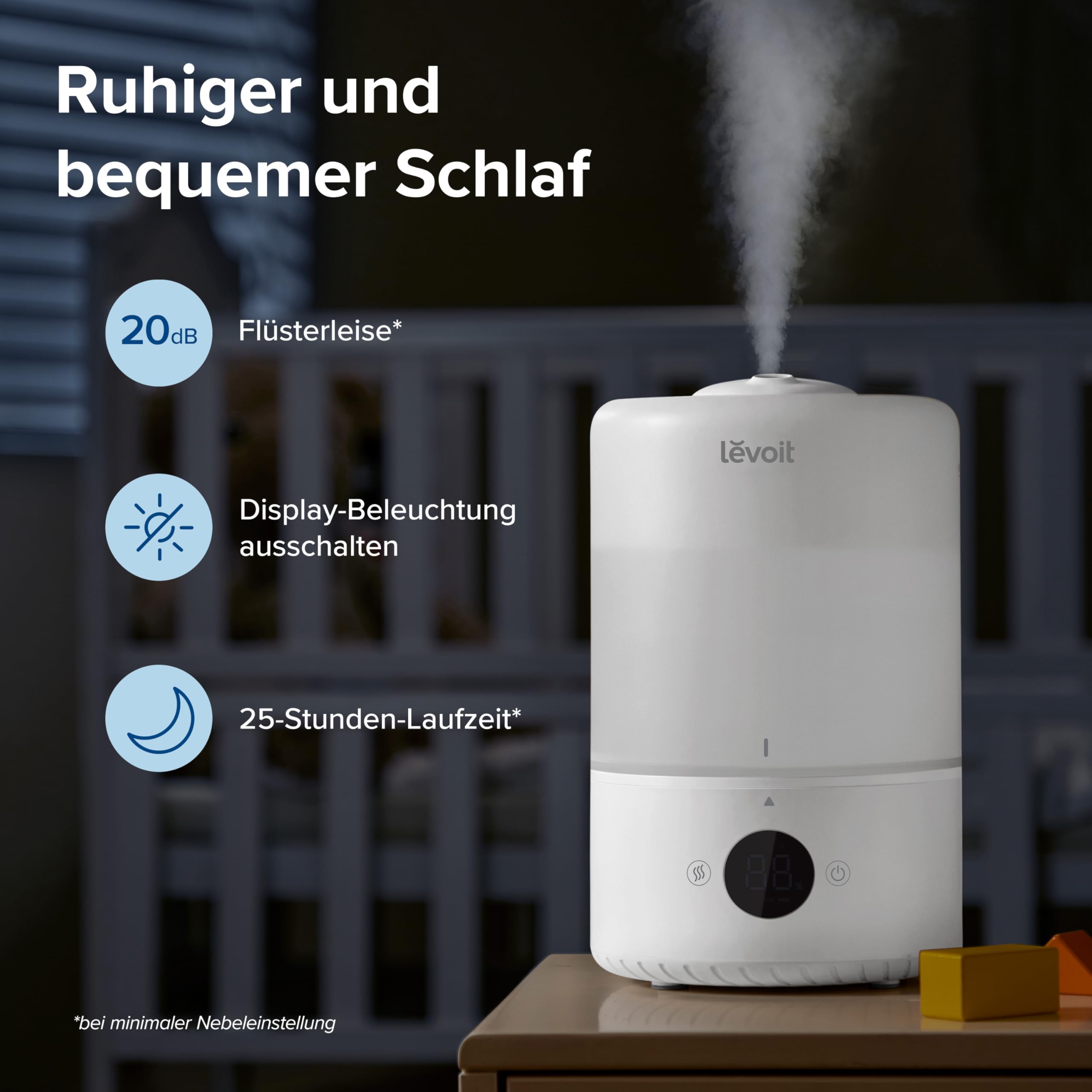 Levoit Smart Luftbefeuchter Schlafzimmer, 20dB, Top-Fill für Baby, 3L | Luftfeuchtigkeit Sensor, Raumbefeuchter für Kinderzimmer Pflanzen, 360°Drehdüse, bis 25 Std., Cremeweiß