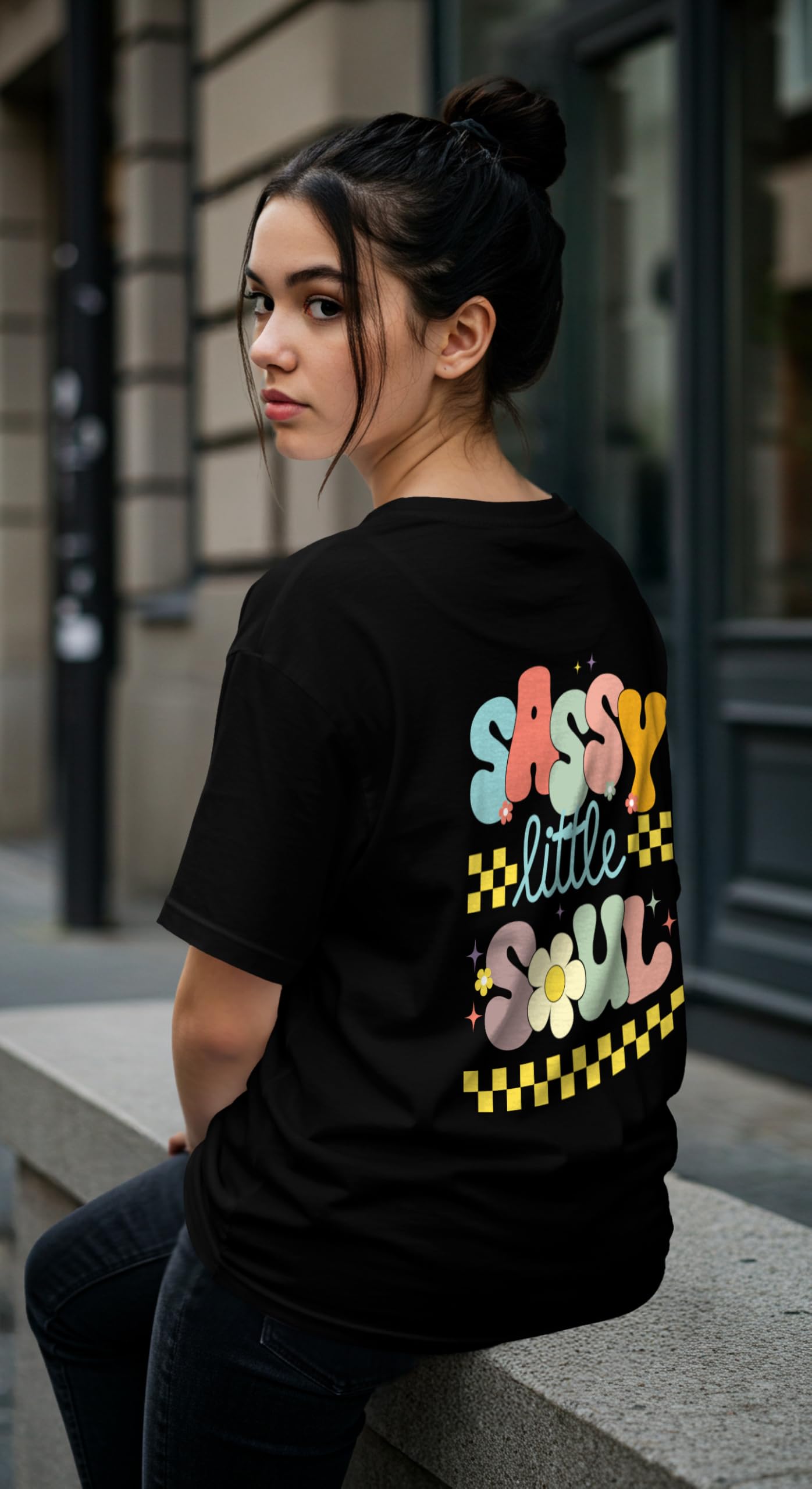 Dagcros Sassy Little Soul, maglietta oversize per ragazze, maglietta nera con stampa funky con stile grafico retrò