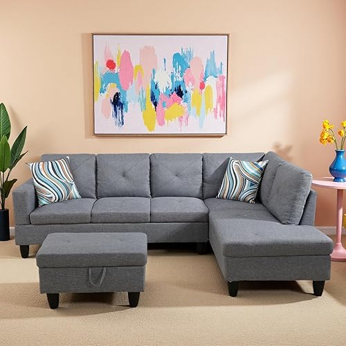 L Shaped Couches for Living Room, Sectional Couch Living Room Furniture with Storage Ottoman, Modular Sectional Reclining Sofa with Chaise for Apartment Office, Grey