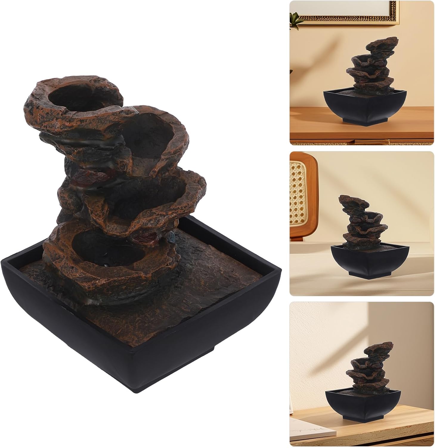 HOMSFOU Relaxing Indoor Water Fountain Desktop Tabletop Fountain with LED Light and Soothing Water Sound, Chinese Style Zen Meditation Decor for Home Office, US Plug 110v