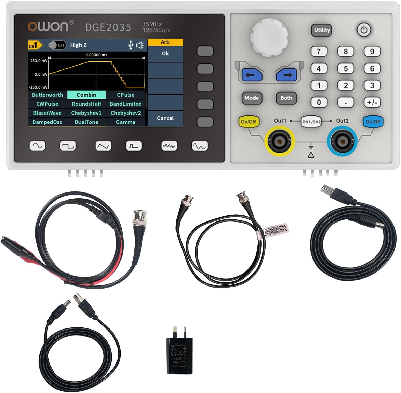 – OWON DGE2035 35MHz Dual-Channel Arbitrary Waveform Generator, 125MSa/s Sample Rate, 14-Bit Resolution, 150 Built-in Waveforms, 3.6" TFT LCD Function Generator, Portable with USB PC Remote Control