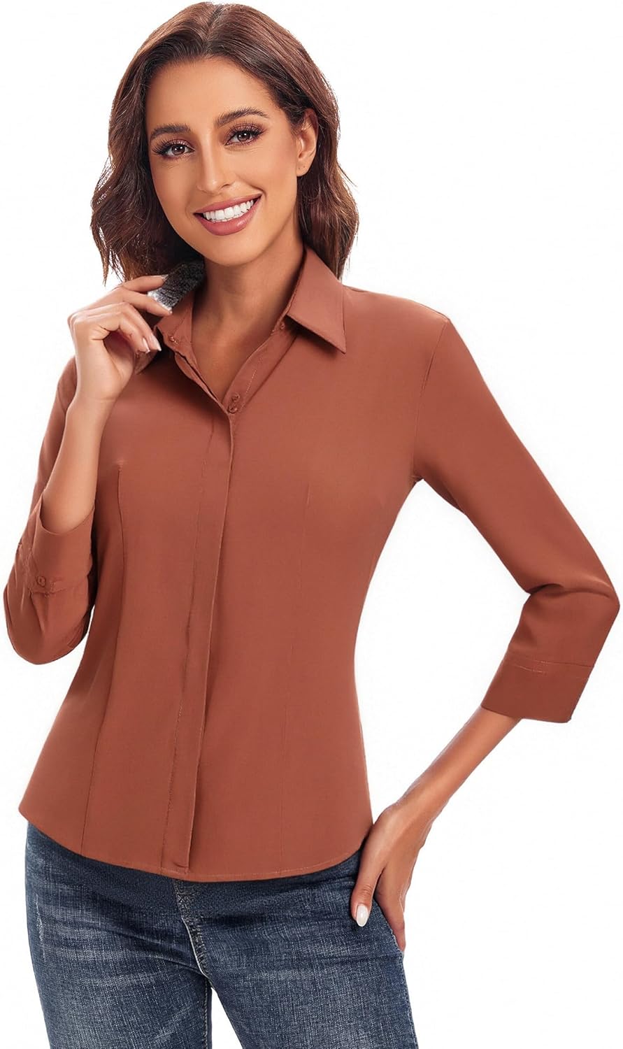 Esabel.C Womens Button Down Shirts Long Sleeve Regular Fit Stretch Work Blouse - Image 2