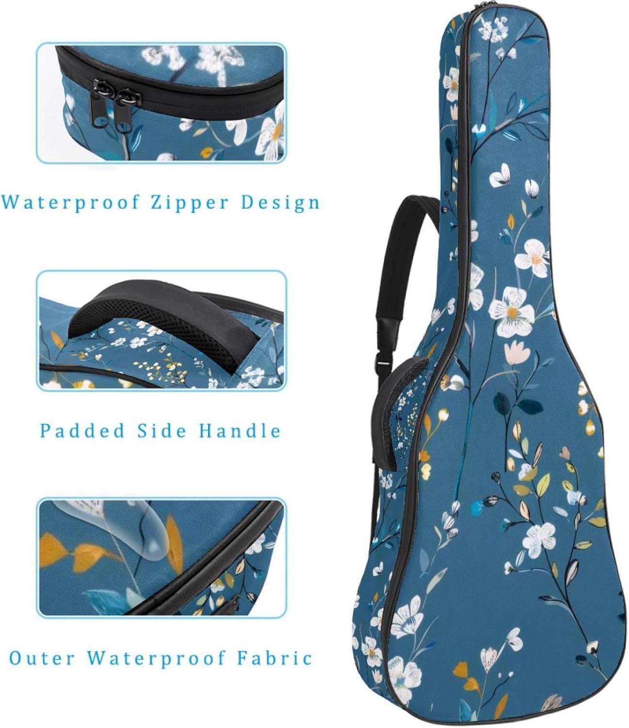 Acoustic Guitar Bag 0.4 Inch Thick Padding Waterproof Guitar Case Gig Bag for 40 41 42 Inch Electric Bass Classical Guitar, Small Flowers Leaves Branches on Blue Background