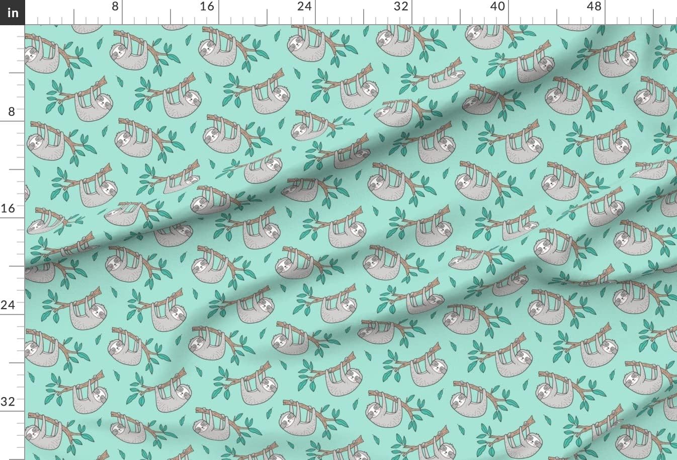 Spoonflower Fabric - Sloth Sloths Tree Branch Leaves Mint Green Animals Forest Jungle Printed on Chiffon Fabric by The Yard - Sewing Fashion Apparel Dresses Home Decor