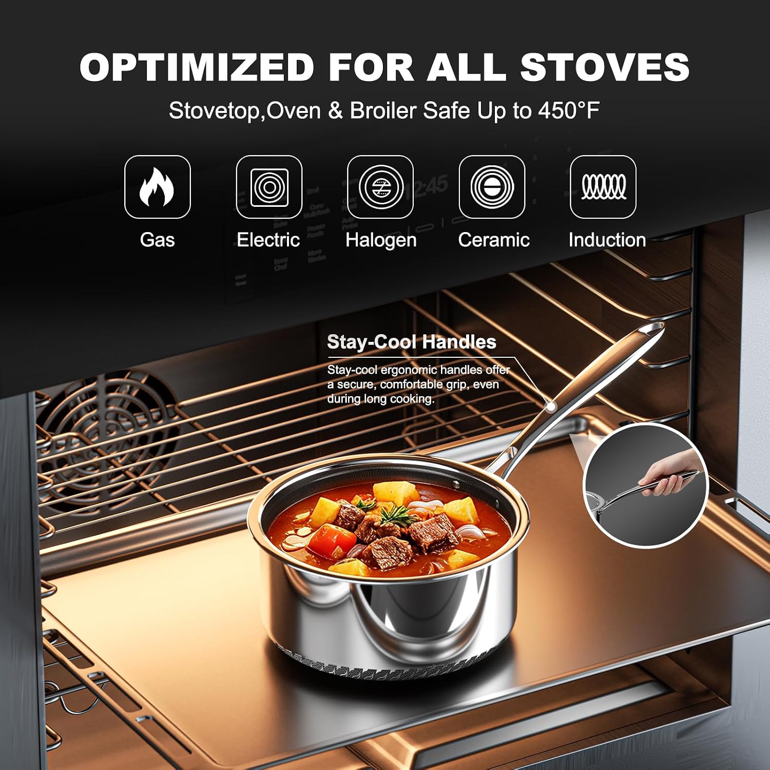 8pc Hybrid Stainless Steel Pot Set,8qt Soup Pot & 2/3qt Saucepans