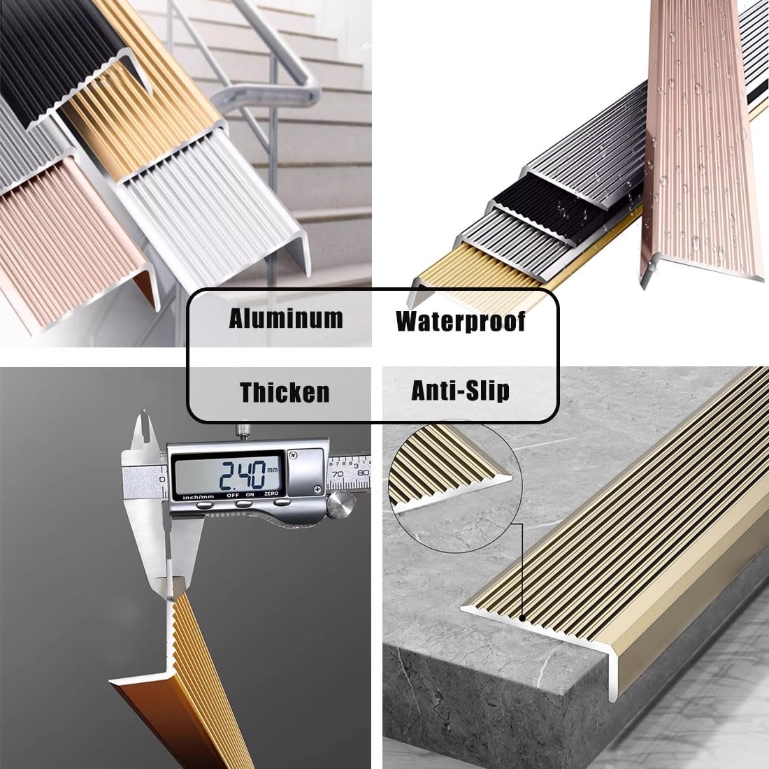 Protecteur de bord d'escalier en métal noir 7x3cm, bande de nez de marche, garniture de protection de bordure en aluminium antidérapante imperméable for marches(Rose Gold,3Pcs)