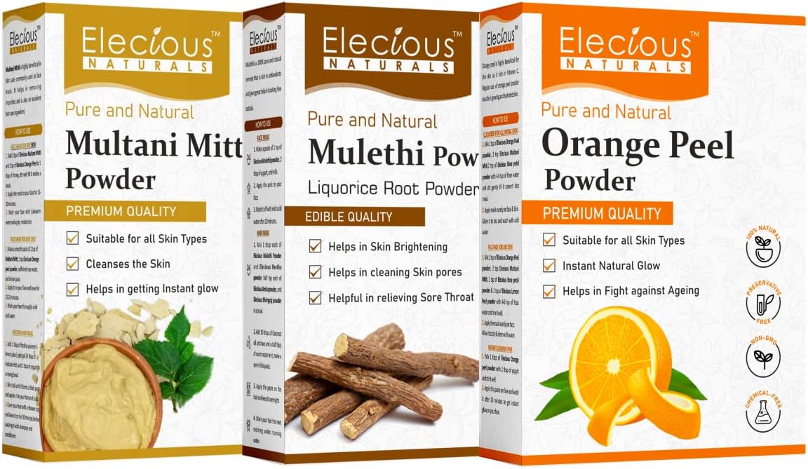 Elecious Mulethi Powder, Multani Powder and Orange Peel Powder Combo (200 grams each = 600 grams Total) For Instant Glow, Brighten Complexion and De-tanning