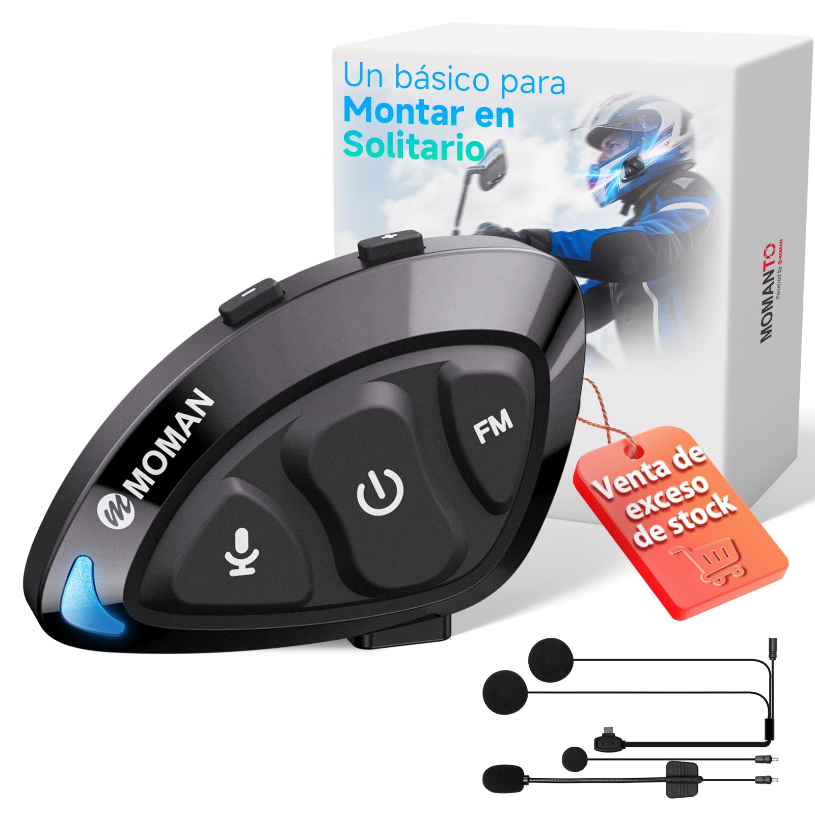 Moman Auriculares Casco Moto, Ligero Manos Libres Auriculares Inalámbricos con Micrófono HiFi Estéreo Reducción de Ruido/Radio FM/Botón Apto para Guantes/Asistente de Voz/IPX6 Impermeable, RS-S