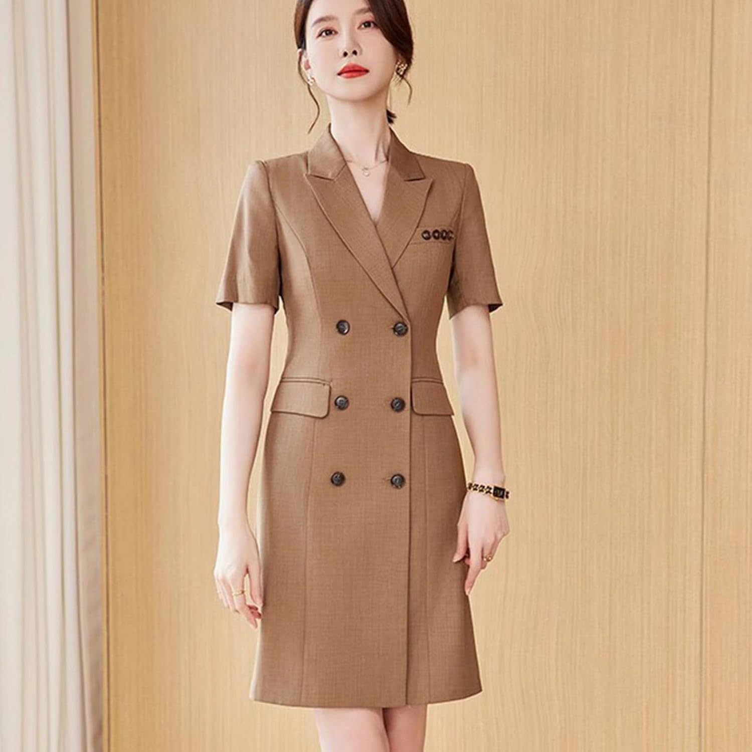 [RAMEMO] レディース セレモニースーツ 半袖 5分袖 ワンピーススーツ ダブルボタン セレモニーワンピース ショールカラー