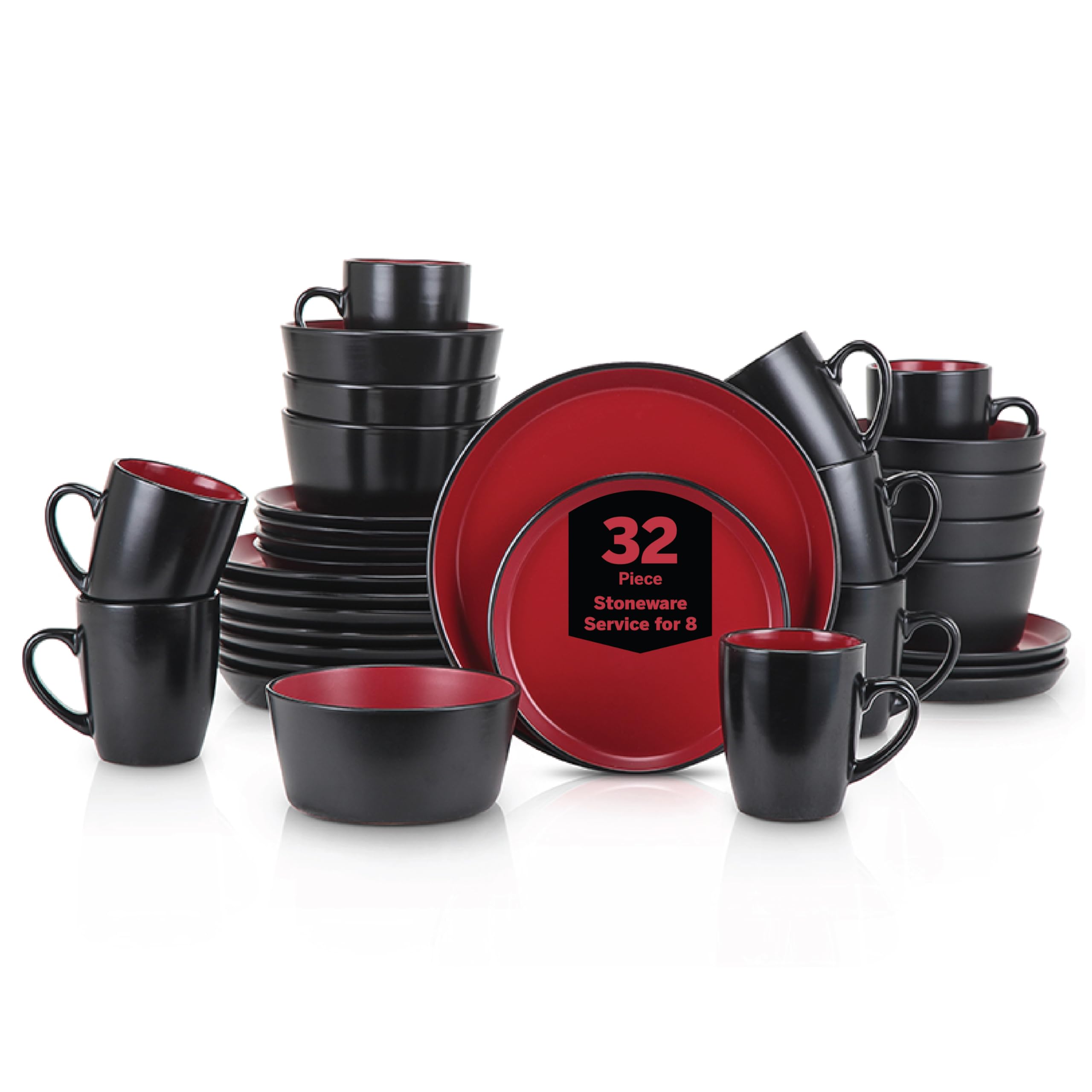 Albie Stoneware 32 Piece Modern Dinnerware Set, Plates and Bowls Sets, Service for 8, Red and Black, Microwave & Dishwasher Safe