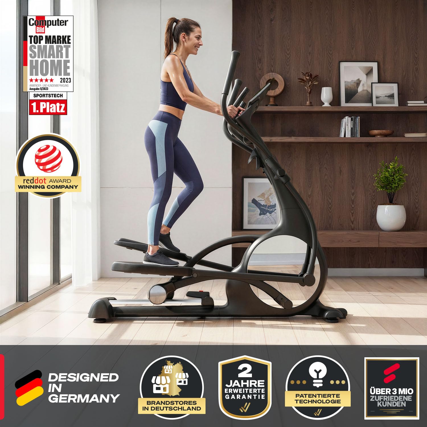Sportstech sCross, Crosstrainer für Zuhause, Ellipsentrainer Stepper für Zuhause mit 32 Widerstandsstufen, Knob-Display, Steigung, Tablethalterung, bis 150 kg, 23 kg Schwungrad, 48 cm Schrittlänge