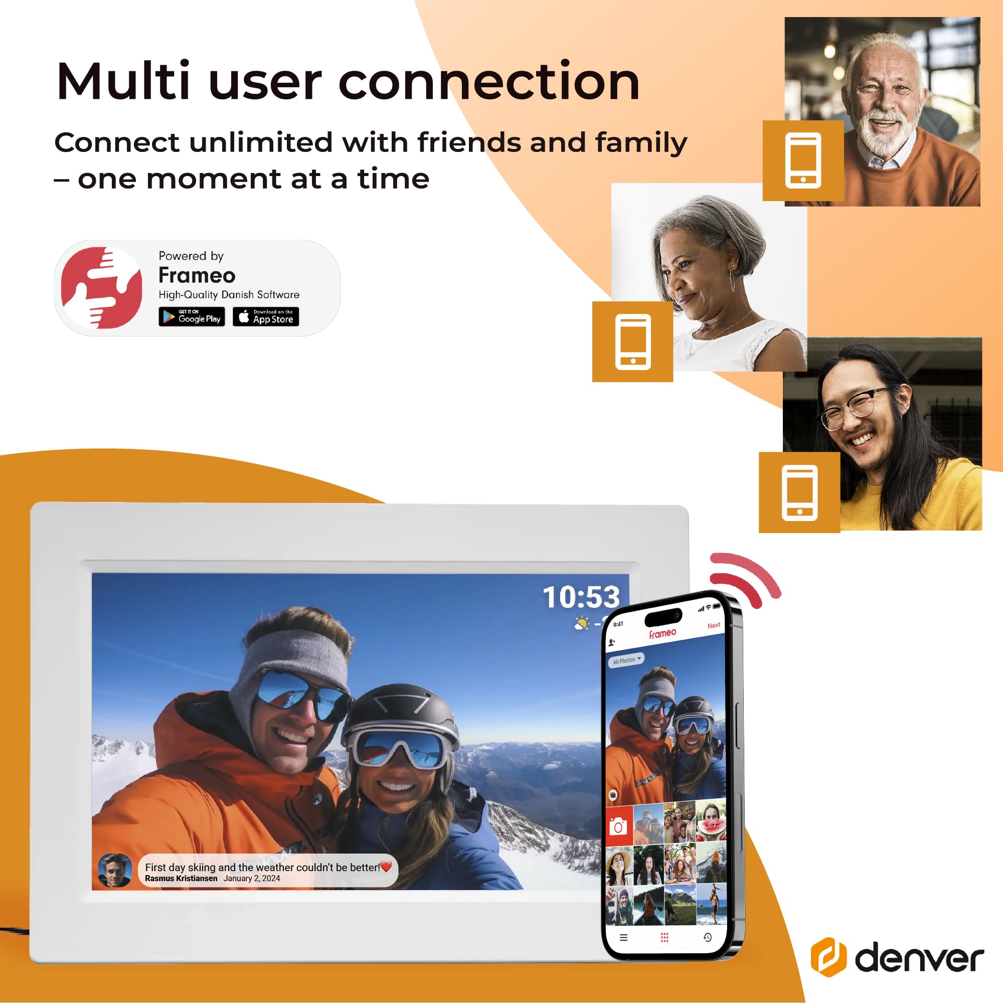 Denver Frameo Marco Digital WiFi 10,1 Pulgadas, Pantalla IPS táctil 1280 x 800, 16 GB, App Frameo, Color Blanco