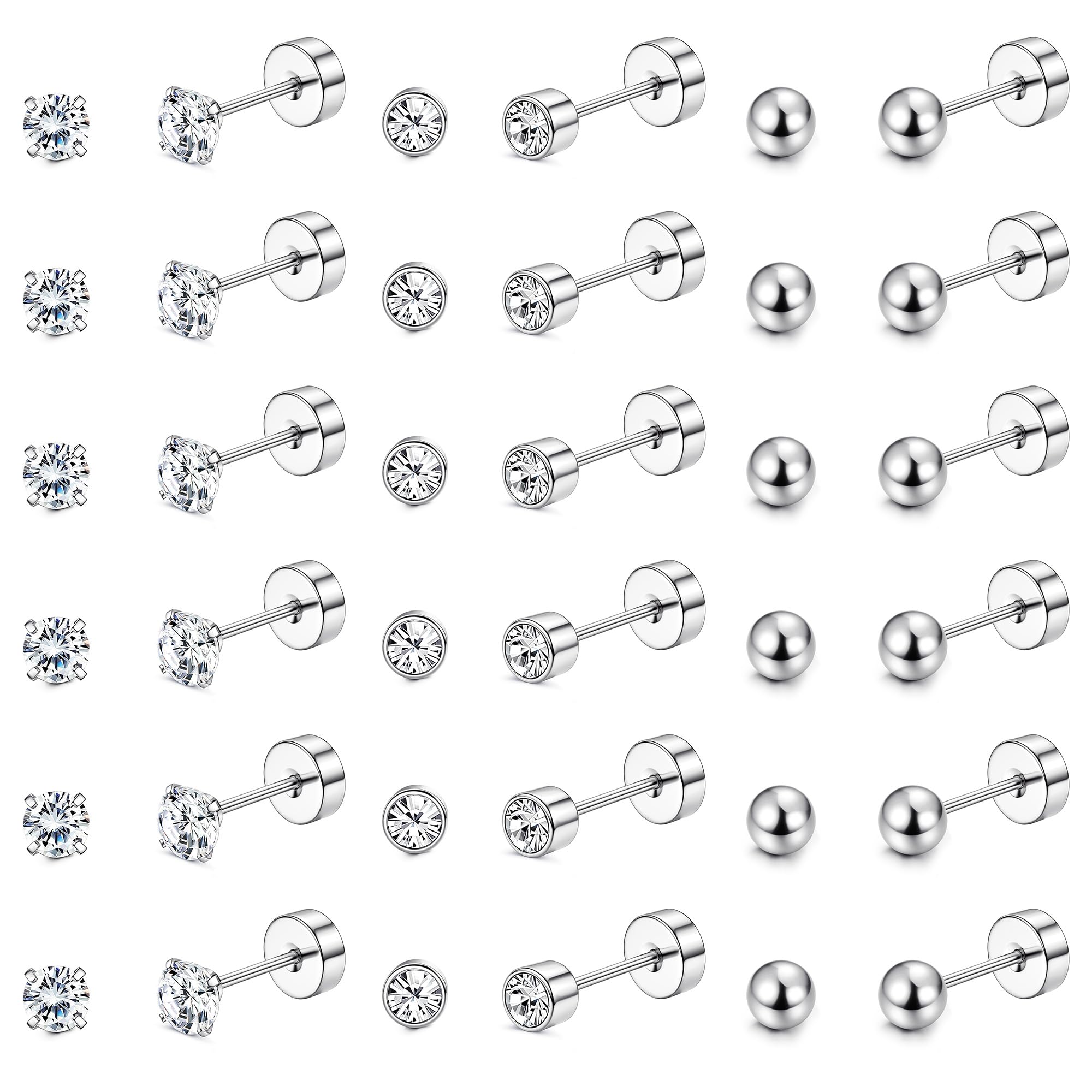 JeweBella 18 Pares Pendientes Pequeños Mujer Acero Inoxidable Bola Circonita Cúbica Pendientes Tuerca Planos Hipoalergénicos Piercing Oreja Plata 2mm/3mm/4mm