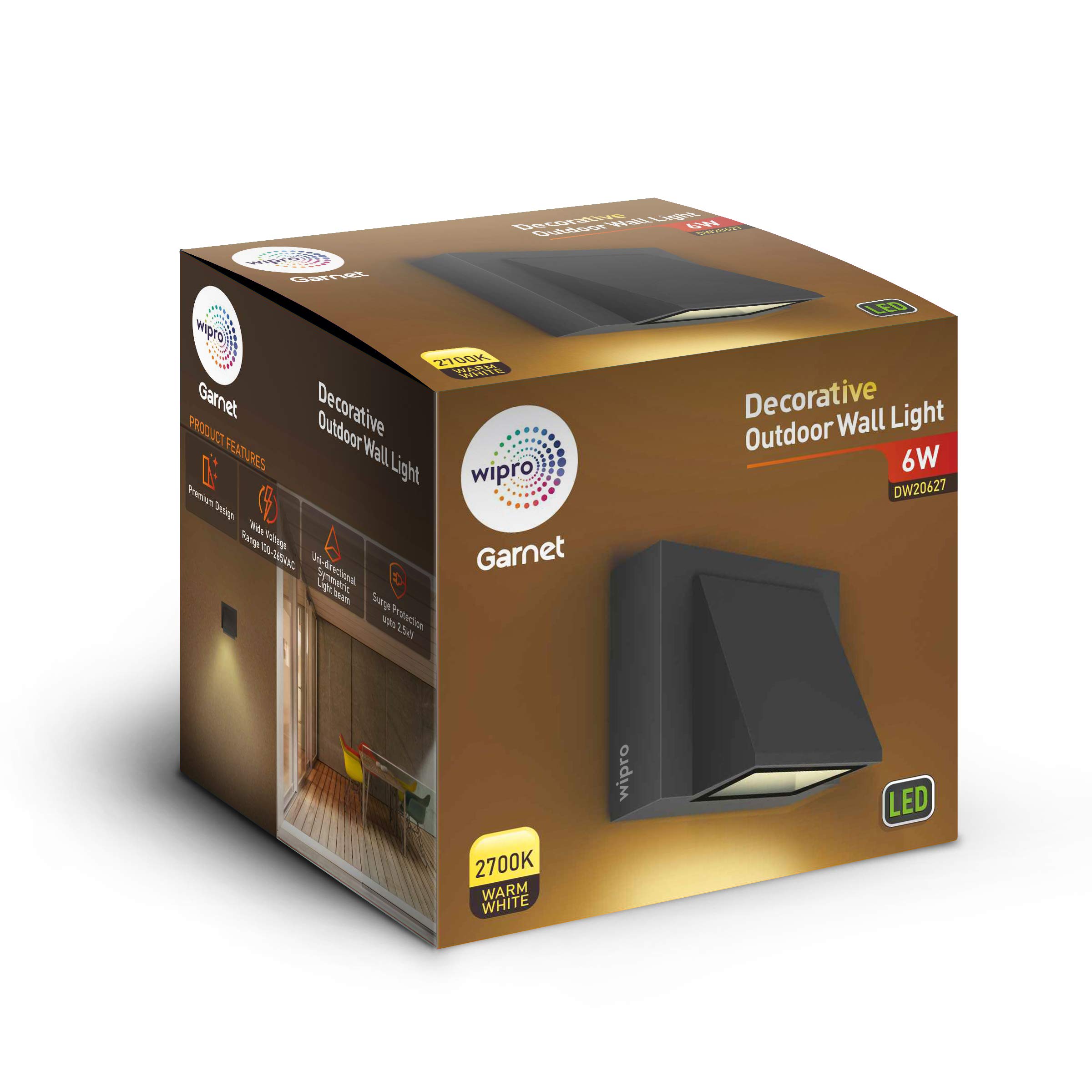Wipro Garnet 6W LED Wall Light, IP54 Weatherproof, 2700K Warm White