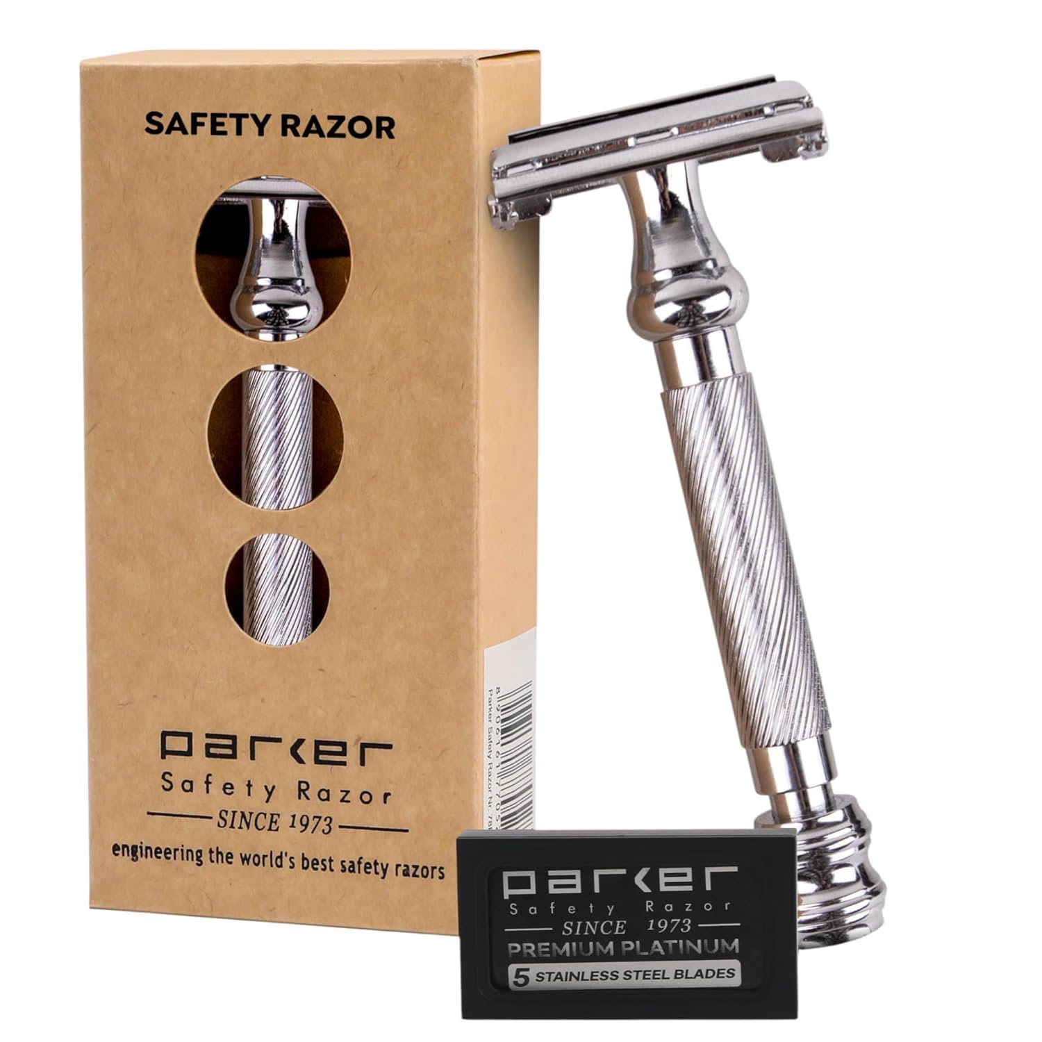 PARKER Safety Razor Men Long Handle Heavyweight Butterfly Open Razors And 5 Platinum Double Edge Blades-image-8