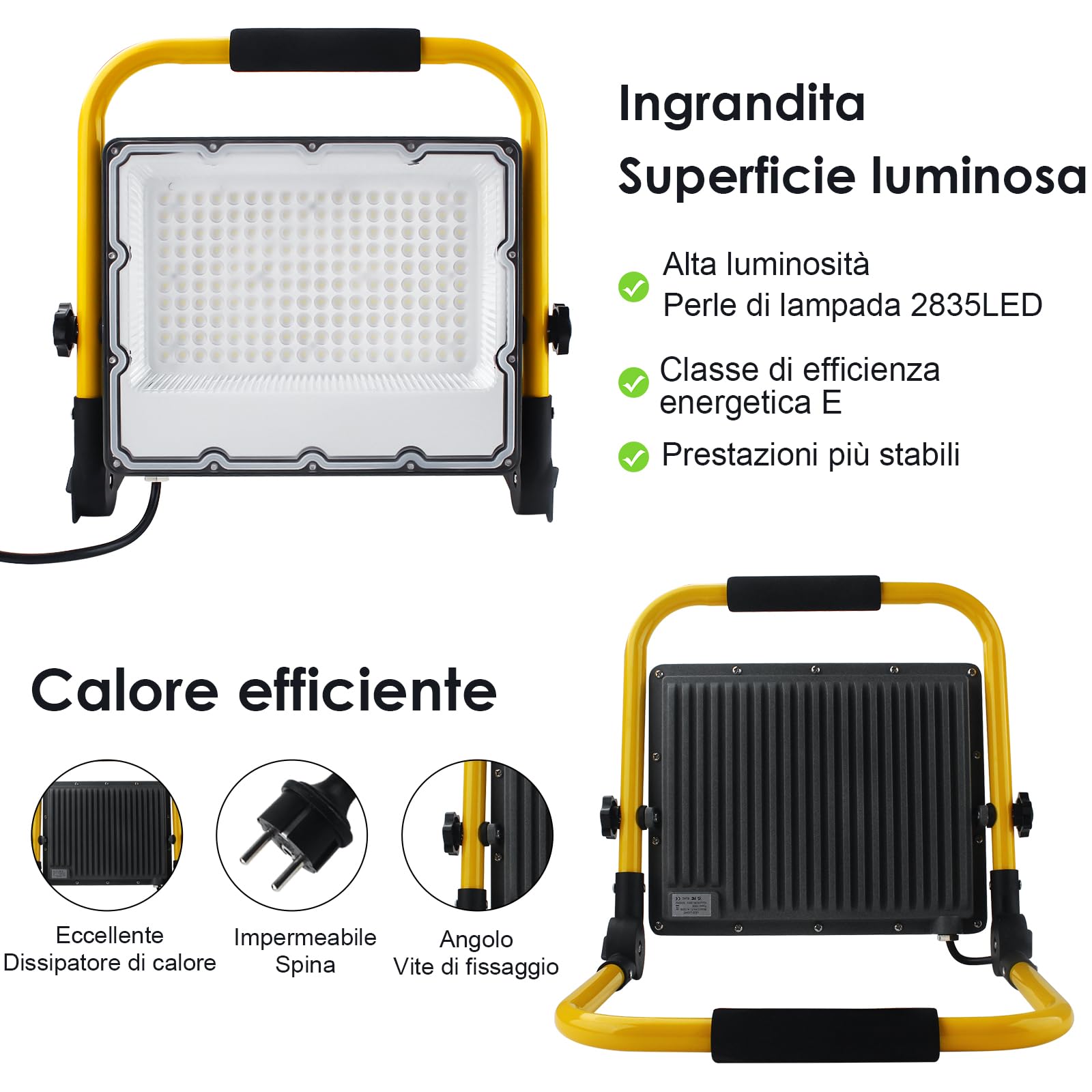 Faretto LED da Cantiere 150W, Portatile Farò LED da Cantiere con Spina Schuko e Staffa Pieghevole, Rotazione 360°,4 Metri di Filo,Luce Bianca 6500K,15000 Lumen - Ideale per Edilizia,Officina