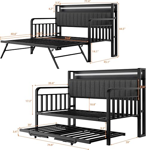 Miniatura 2 de Sofá cama con nido y luz LED, marco de cama individual de metal resistente con cabecera de almacenamiento tapizada y estación de carga, cama nido