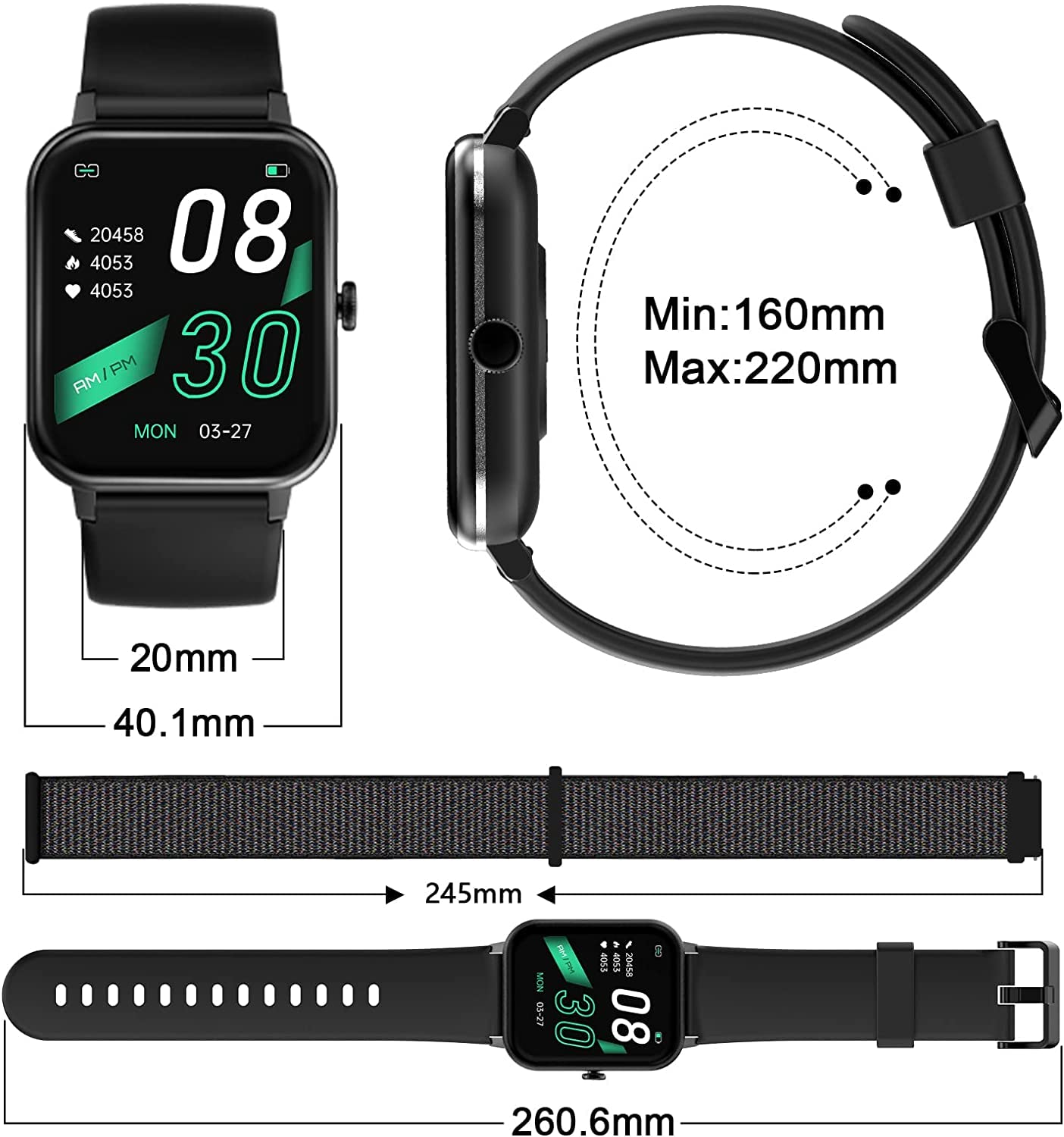 Wodoodporny zegarek sportowy IP68 dla kobiet, 4,69 cala z saturymetrem (SpO2), pulsometr, krokomierz, pogoda, temperatura ciała, fitness tracker do Android iOS, 2 paski
